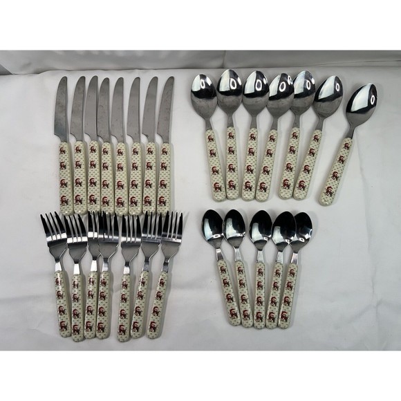 27 Piece Lot  COUNTRY X’mas BEAR‎ Stainless Plastic Handle Silverware  Flatware - Picture 1 of 12